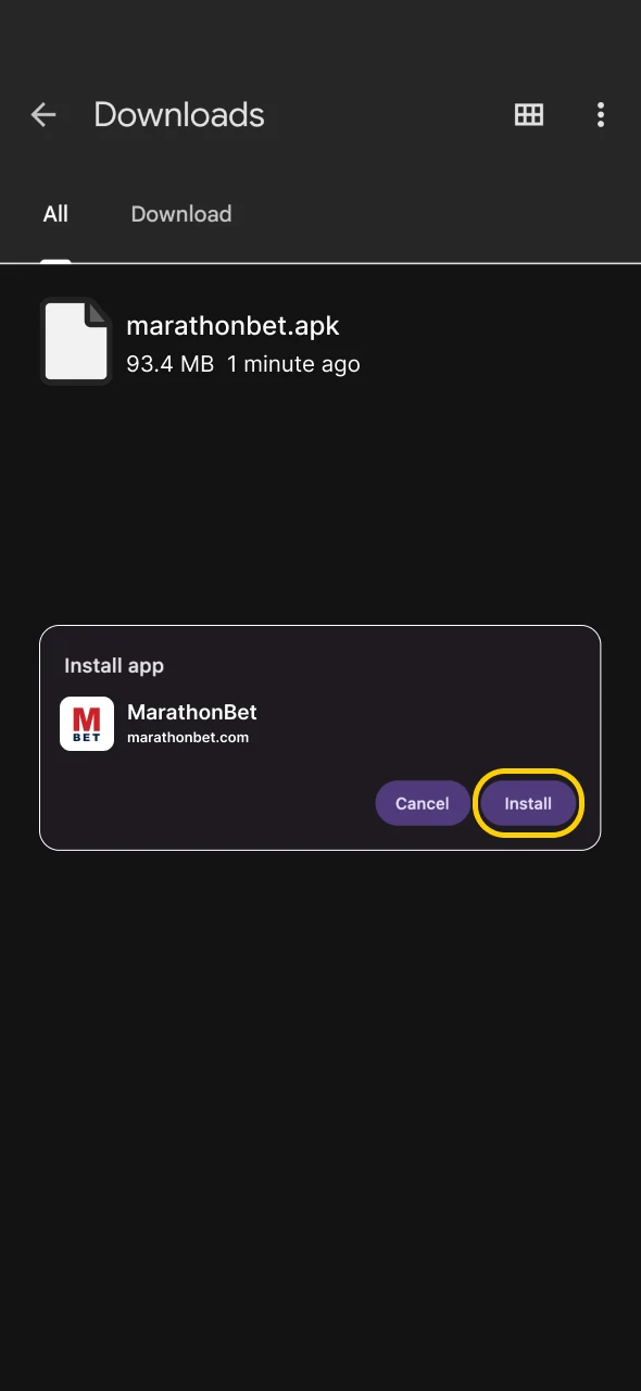 Open the Marathonbet apk file and use the install button.