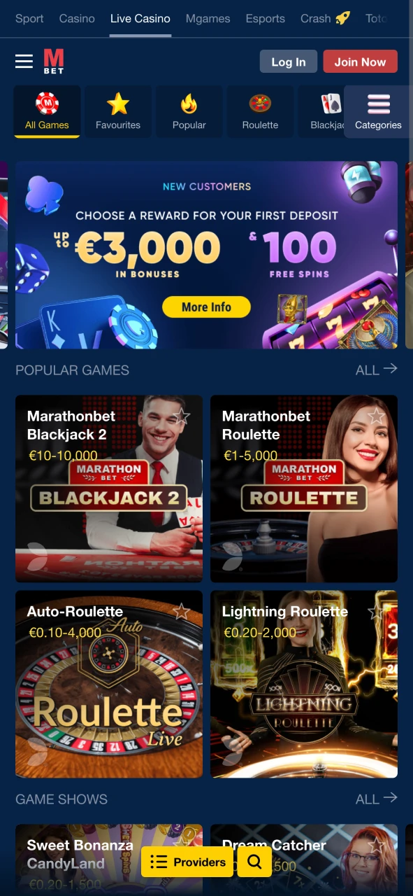 Try yourself in live casino games with Marathonbet.