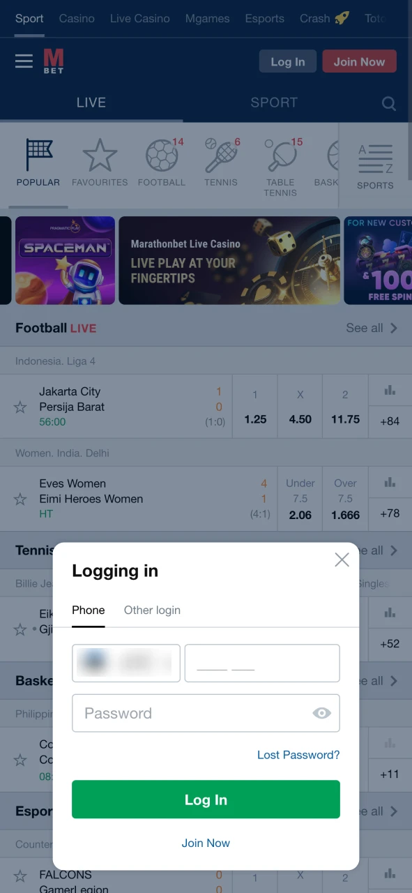 Log in to your Marathonbet account.