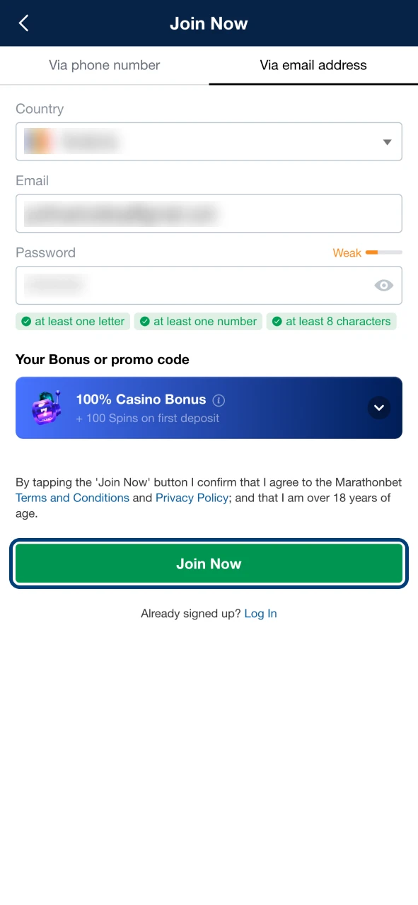Finish the Marathonbet profile creation procedure.