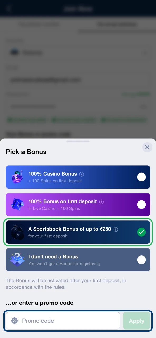 Choose a Marathonbet welcome bonus.