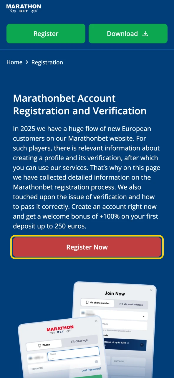 Use the button to start Marathonbet registration.