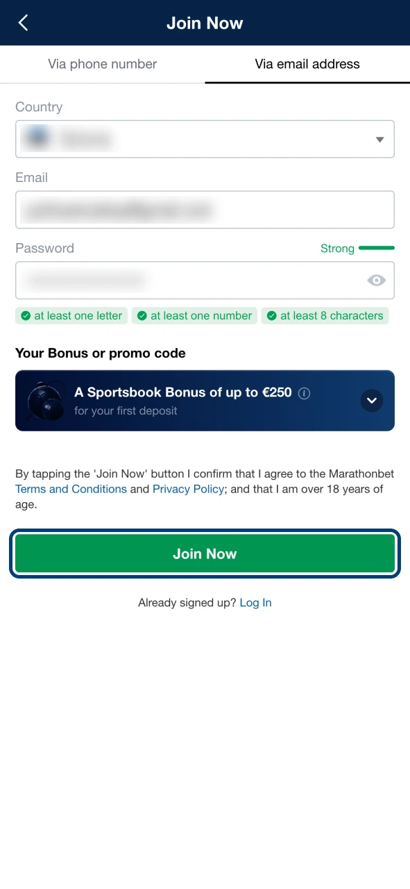 Use the button at the end of the Marathonbet registration form.