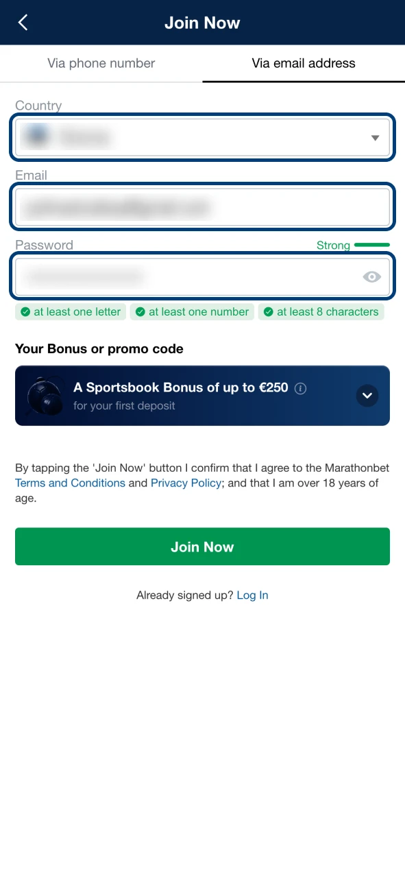 Fill the Marathonbet registration form with your personal information.
