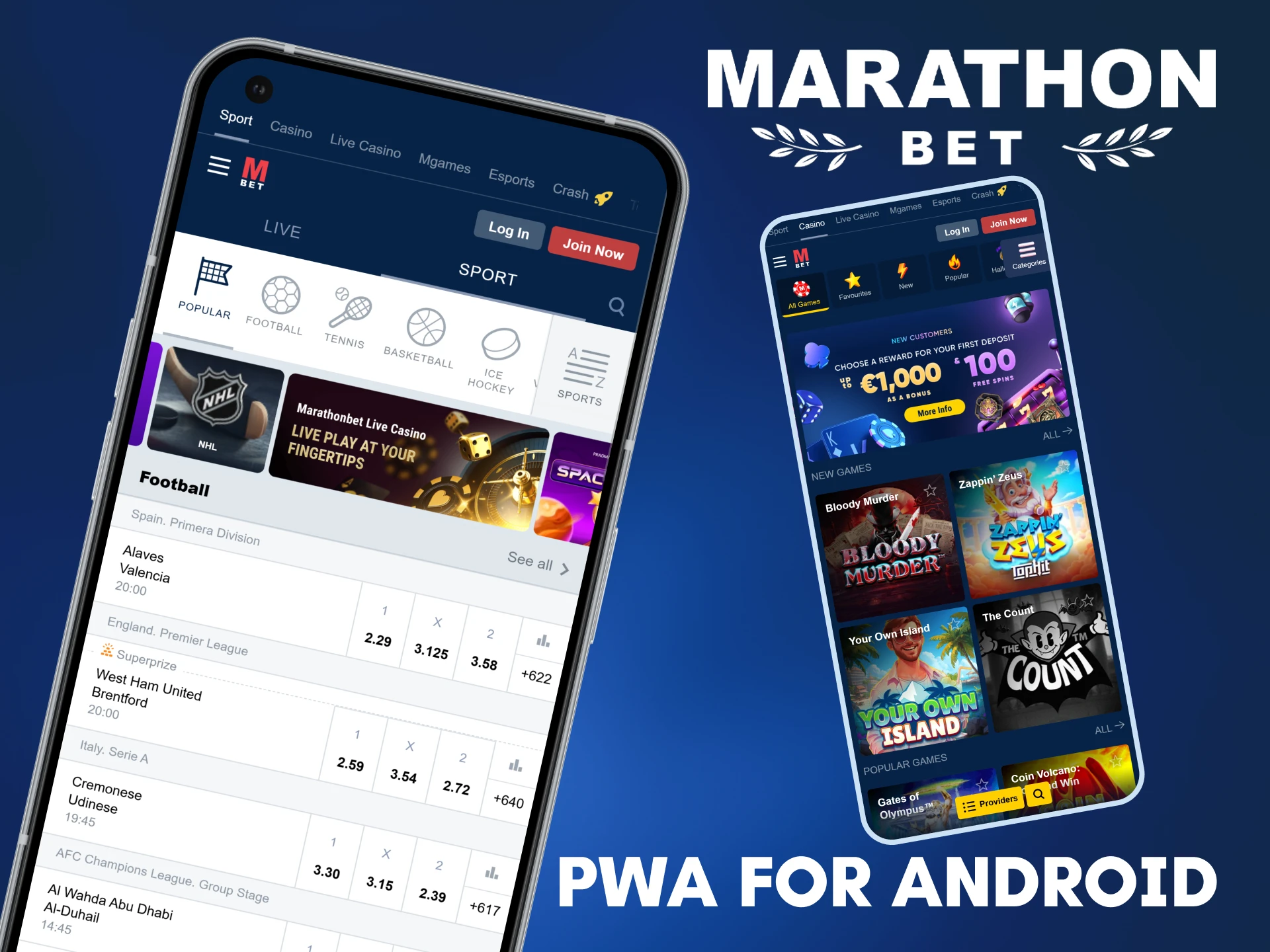 Marathonbet offers a PWA version of its platform for Android devices.