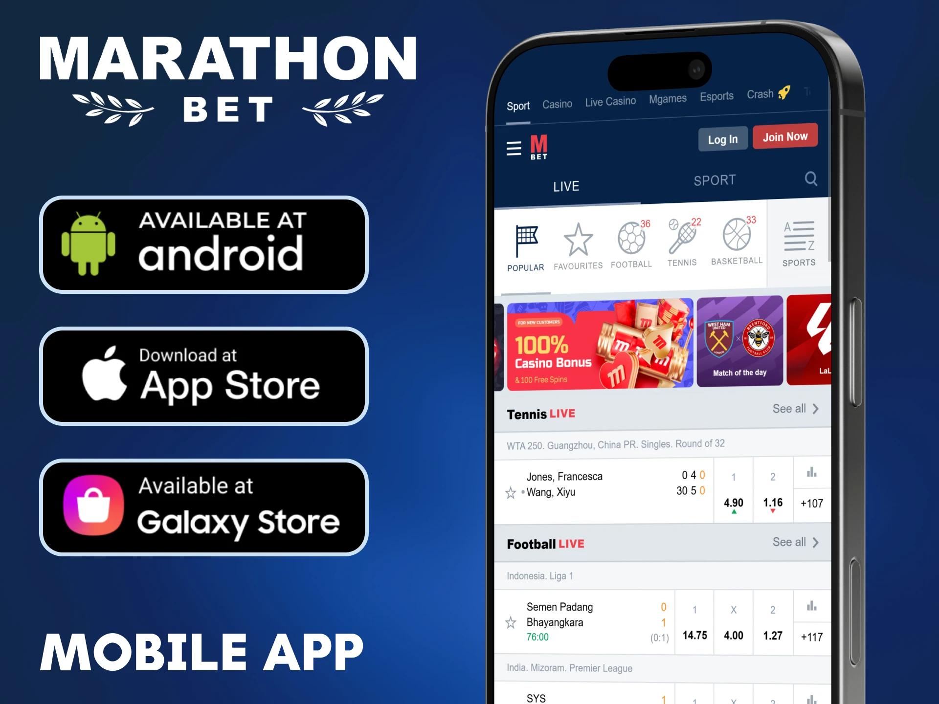 Download and install the official Marathonbet app for Android and iOS devices.
