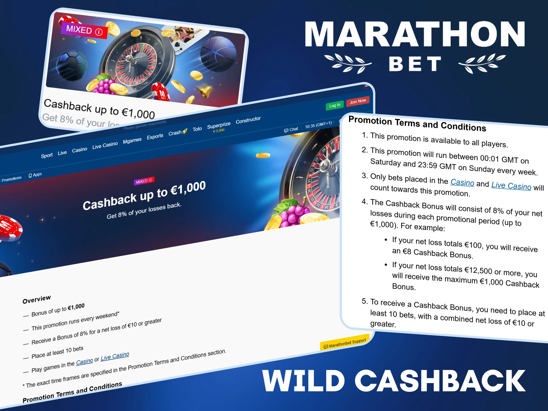 Get cashback every weekend on the Marathonbet website.